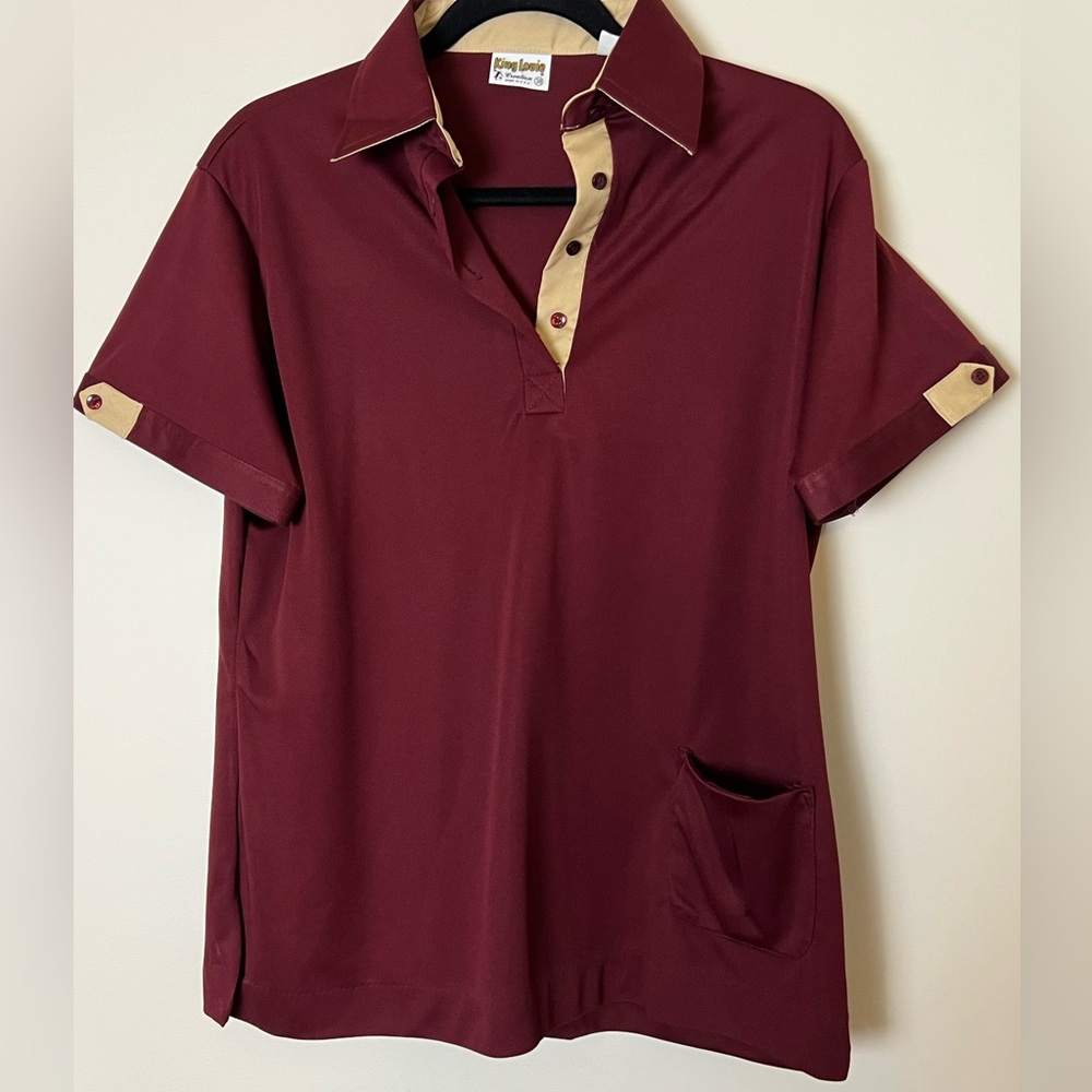 Vintage retro King Louie Men's Burgundy and Beige Shirt bowling polo 38